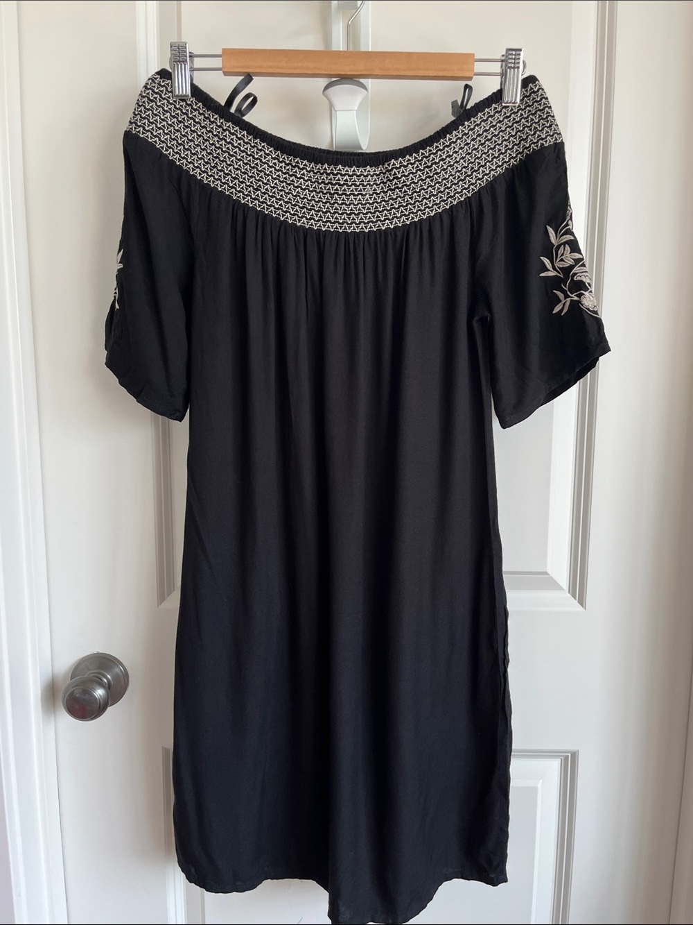 le chateau Black Off-Shoulder Dress with White Embroidered Trim